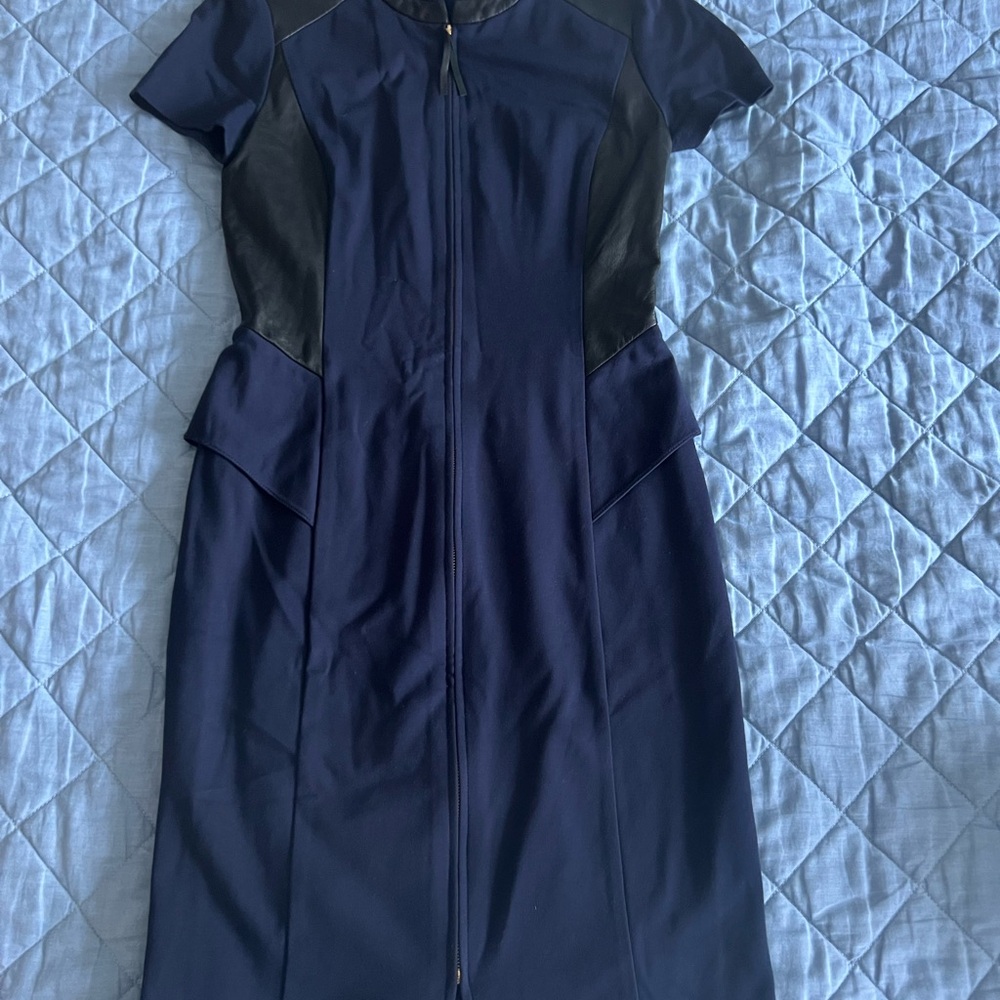 Elegant Navy Blue Dress with Black Leather Details